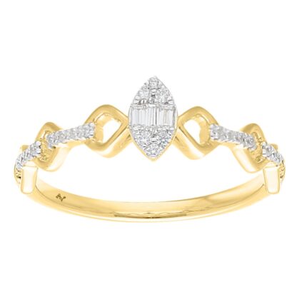 10K Yellow Gold 0.15CT Diamond Halo Ring Round & Baguette Promise Ring For Women