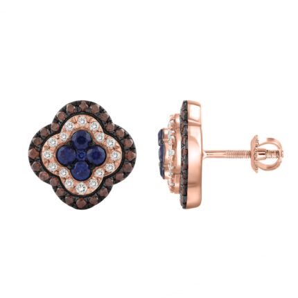 14K Rose Gold 1.00CT Round Blue & Dark Brown Diamond Fancy Earrings For Women