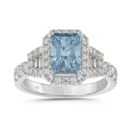 14K WHITE GOLD 2 3/4CT ROUND/BAGUETTE/RADIANT DIAMOND LADIES RING (CENTER STONE BLUE RADIANT DIAMOND 2.00CT)