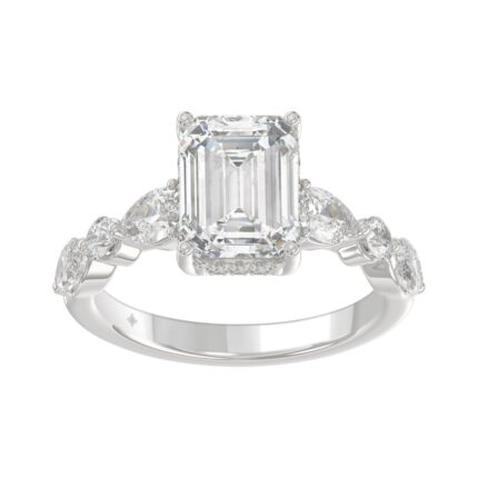14K White Gold Emerald Cut Diamond Classic Bridal Ring for Ladies 4.00CT with Pear Round & Marquise Diamond 3.00CT Emerald Center stone (Color F-G