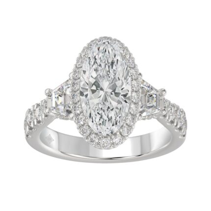14K White Gold Halo Engagement Ring with Side Stones, 3 1/4CT Round, Baguette,Trapezoid Diamond & 2.00CT Oval Center stone (Color F-G -Clarity VS1/VS2