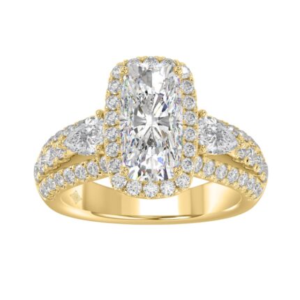 Ladies 14K Yellow Gold 3 1/2CT Featuring Fashion Ring  with Round, Pear & Cushion Diamond 2.00CT  Cushion  Center stone (Color F-G -Clarity VS1/VS2)
