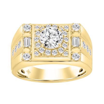 14K YELLOW GOLD 2.00CT ROUND/EMERALD DIAMOND MEN'S RING (CENTER STONE ROUND DIAMOND 1CT)