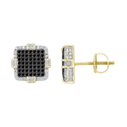 LADIES STUD EARRINGS 0.25CT ROUND/BAGUETTE DIAMOND 10K YELLOW GOLD