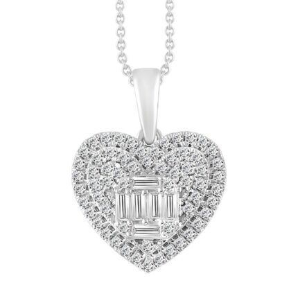 LADIES PENDANT WITH CHAIN 0.50CT ROUND/BAGUETTE DIAMOND 14K WHITE GOLD (SI QUALITY)