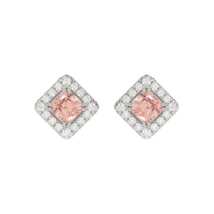 14K WHITE GOLD CRAFTED WITH 18K YELLOW GOLD BACK PLATE 1 1/4CT ROUND/PINK CUSHION DIAMOND LADIES EARRINGS